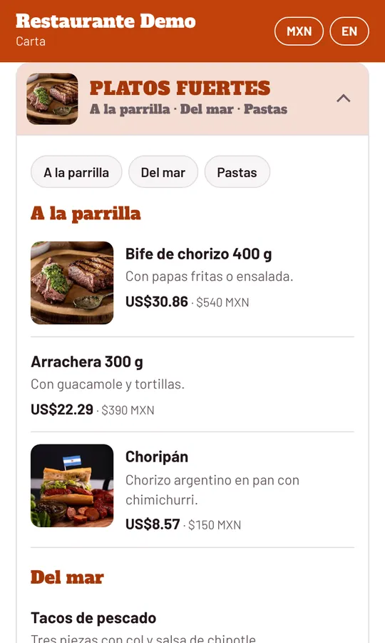 Sección A la parrilla con fotos y precios en dólares y pesos
