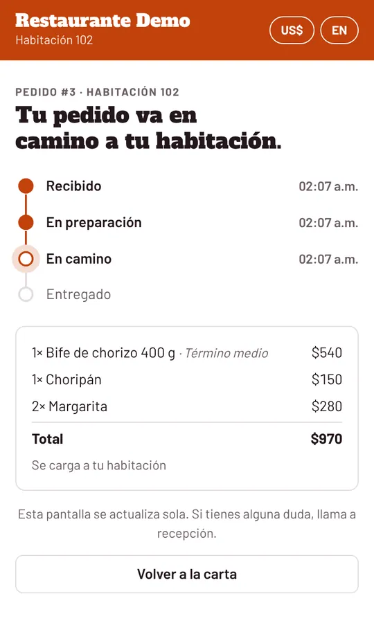 Seguimiento del pedido: recibido, en preparación, en camino